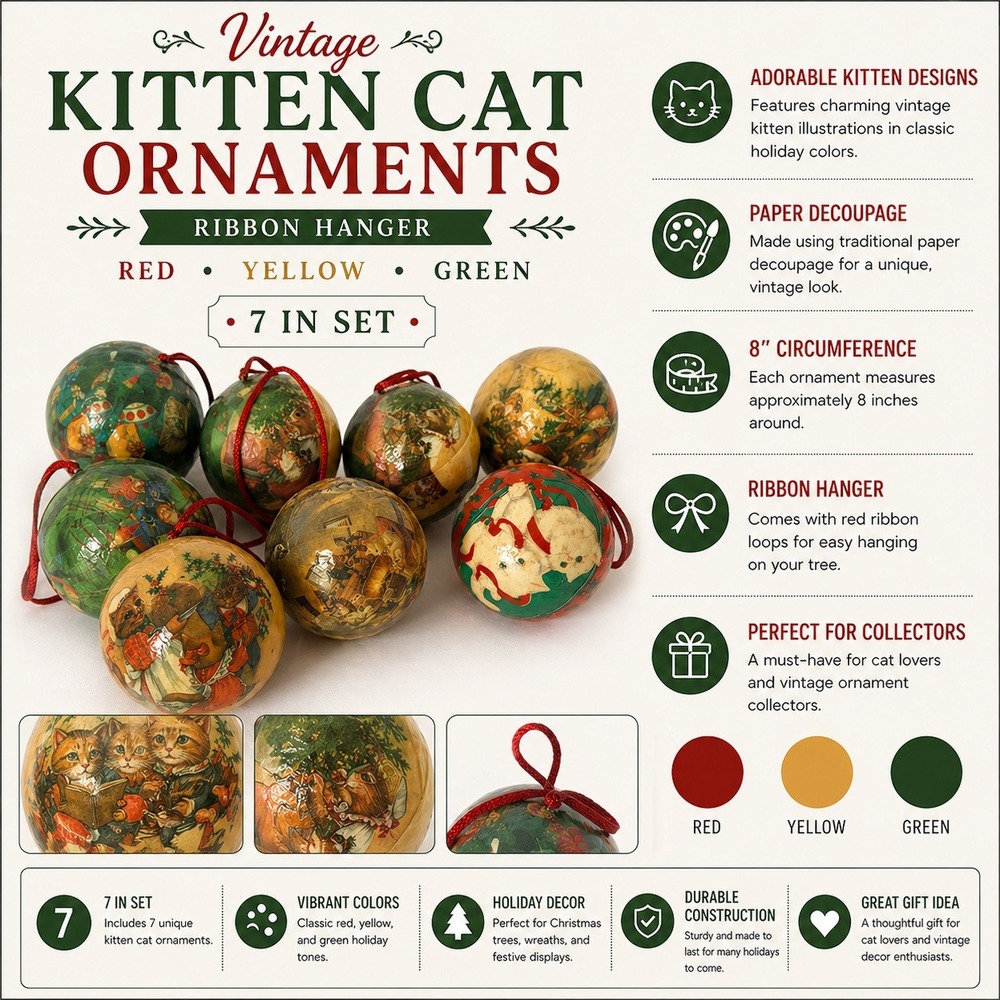 Vintage Cat Decoupage‎ Christmas Ornaments Set of 7 Kitten Holiday Decor Ball